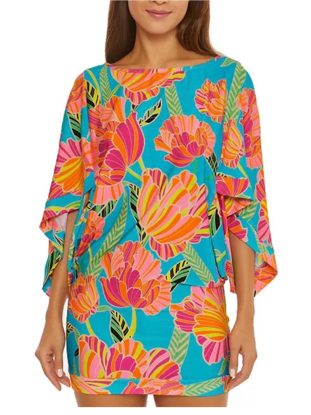 Trina Turk Women's Poppy Cascading-Sleeve Tunic Cover-Up Tropical Floral SZ Med